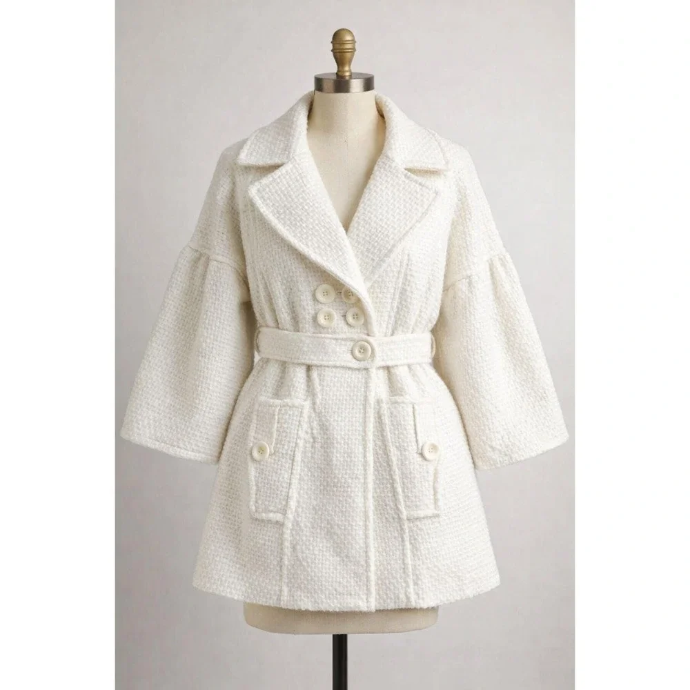 AB Studio Womens Jacket White Tweed Parisian‎ Bell Sleeve Belted Peacoat Size 12